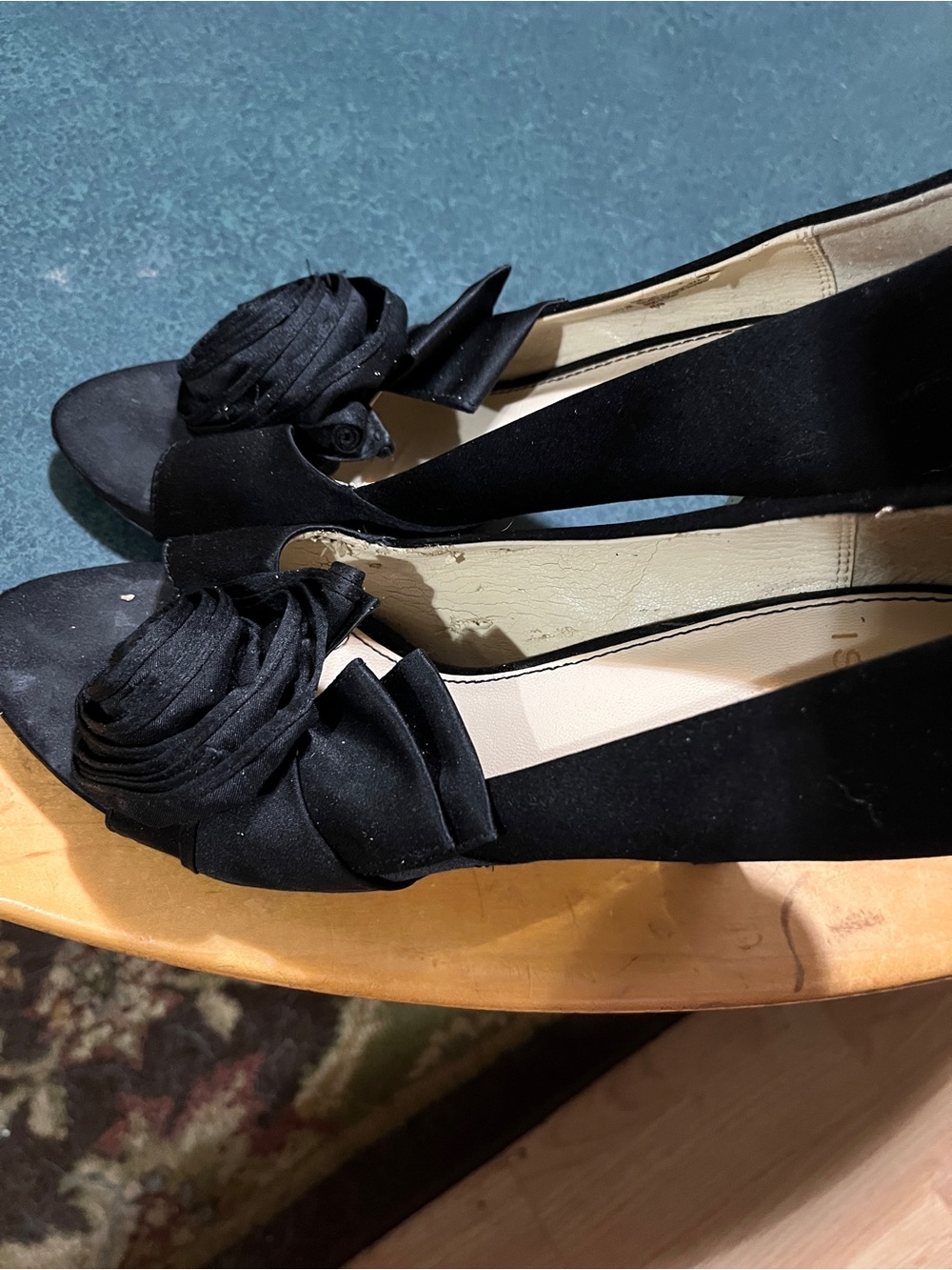 Isola Black Satin Peep-Toe Pumps with Rosette 9.5 - Picture 4 of 7